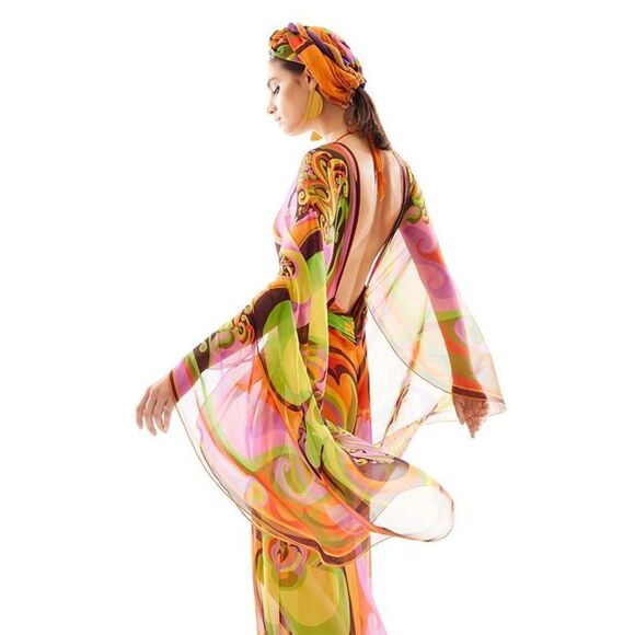 RAISA VANESSA PRINTED CHIFFON JUMPSUIT WITH DEEP NECK AND GOLD BUCKLE $2,290 - Picture 5 of 14